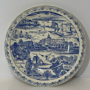 Vernon Kilns White and Blue Long Beach, California Plate 10.25”